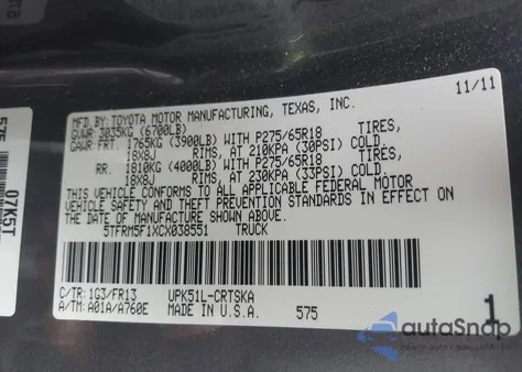 2012 Toyota Tundra Grade 4.6L V8 from USA, damaged, VIN 5TFRM5F1XCX038551